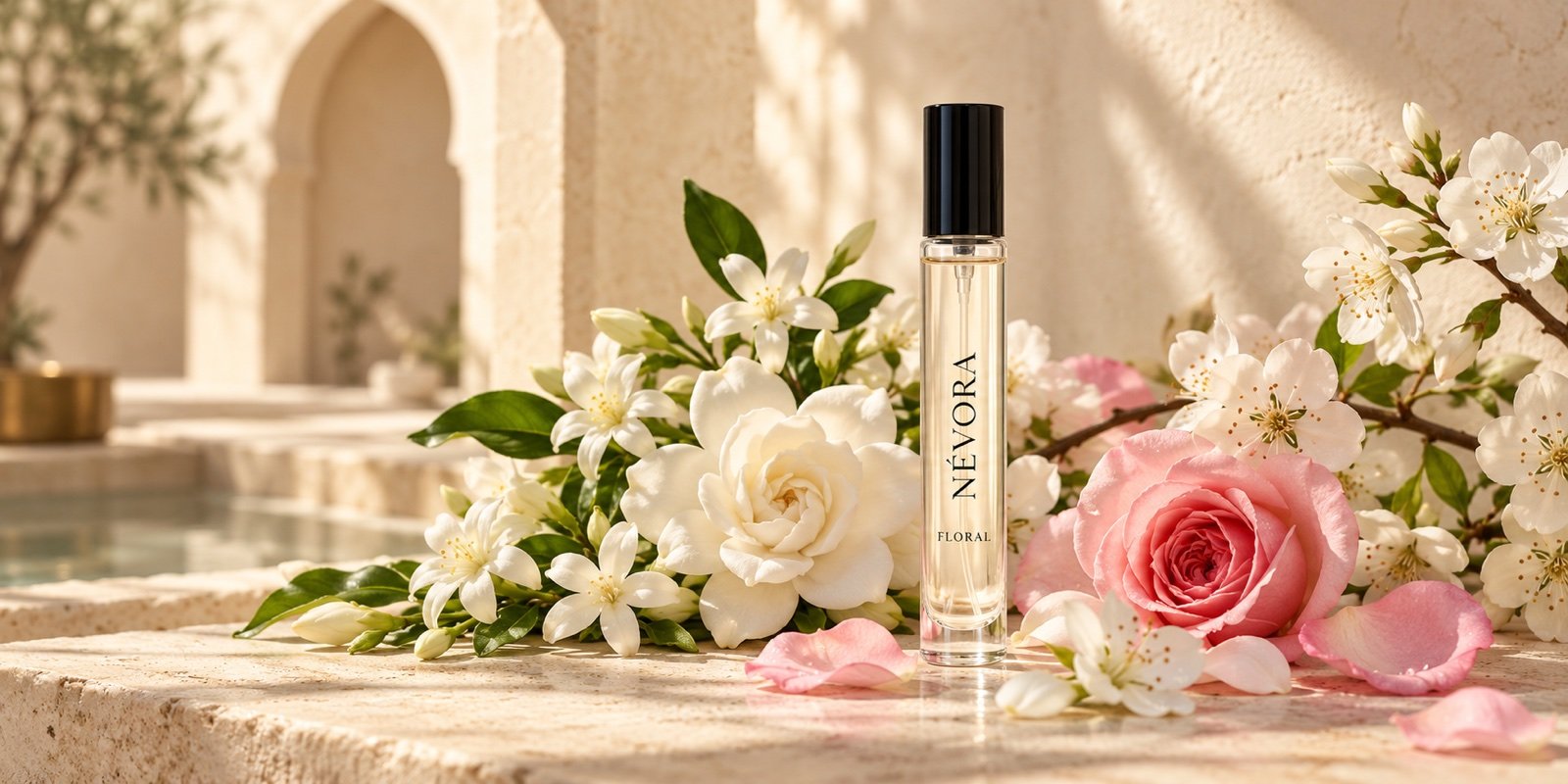 Décant NÉVORA floral avec jasmin, gardénia, rose et fleur de poirier
